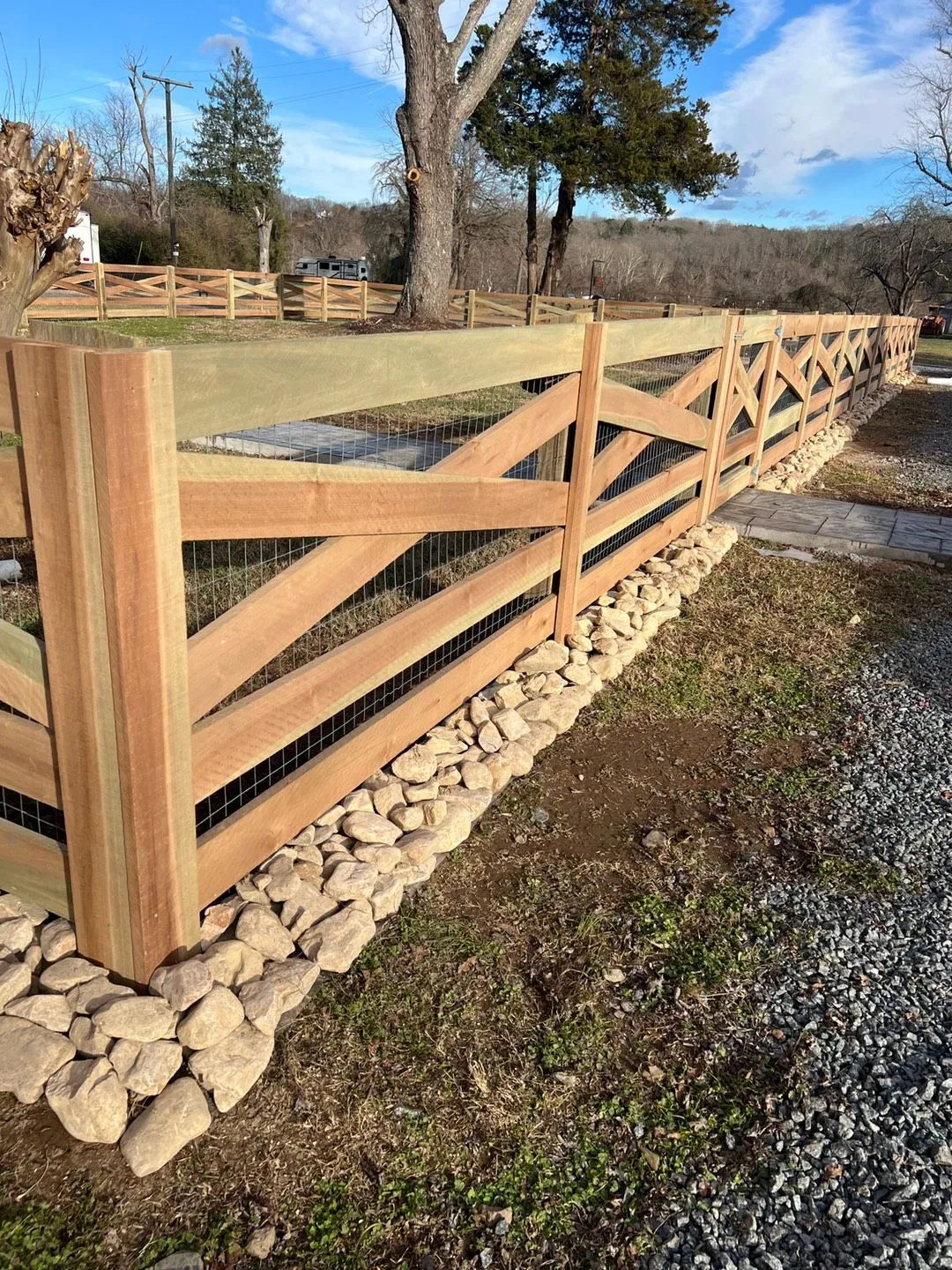 Crossbuck with wire backing & rock border